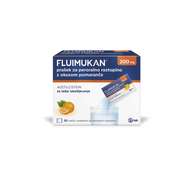 Fluimukan 200 mg prašek za peroralno raztopino z okusom pomaranče, vrečke