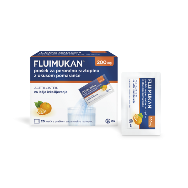 Fluimukan 200 mg prašek za peroralno raztopino z okusom pomaranče, vrečke