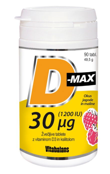 D-Max 1.200 I.E, žvečljive tablete z vitaminom D3 in ksilitolom - okus jagode in maline, 90 tablet