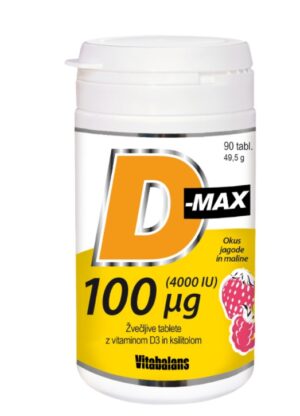 D-Max 4.000 I.E, žvečljive tablete z vitaminom D3 in ksilitolom - okus jagode in maline, 90 tablet