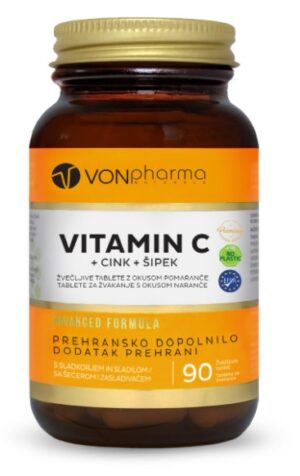 Vonpharma Vitamin C + Cink + šipek,  90 žvečljivih tablet