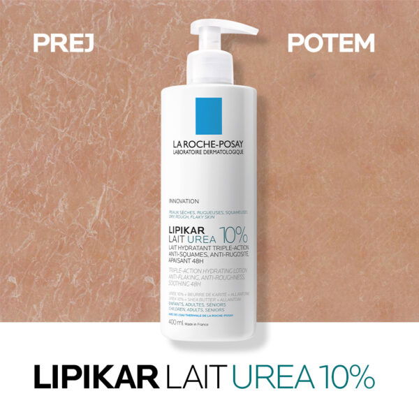 LRP LIPIKAR LAIT UREA 10% Vlažilni losjon s trojnim učinkom za glajenje in pomiritev zelo suhe ter grobe kože, 400 ml