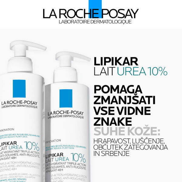 LRP LIPIKAR LAIT UREA 10% Vlažilni losjon s trojnim učinkom za glajenje in pomiritev zelo suhe ter grobe kože, 200 ml