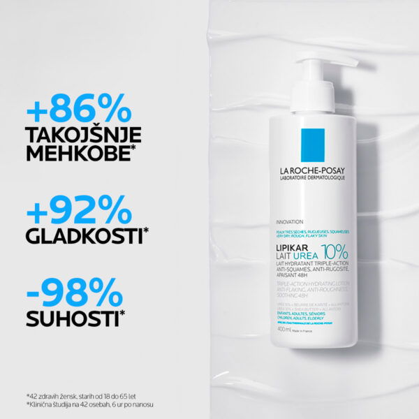 LRP LIPIKAR LAIT UREA 10% Vlažilni losjon s trojnim učinkom za glajenje in pomiritev zelo suhe ter grobe kože, 200 ml